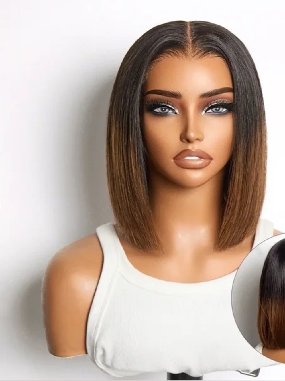 blunt-cut short bob wig featuring a dark root and warm honey-brown color gradien